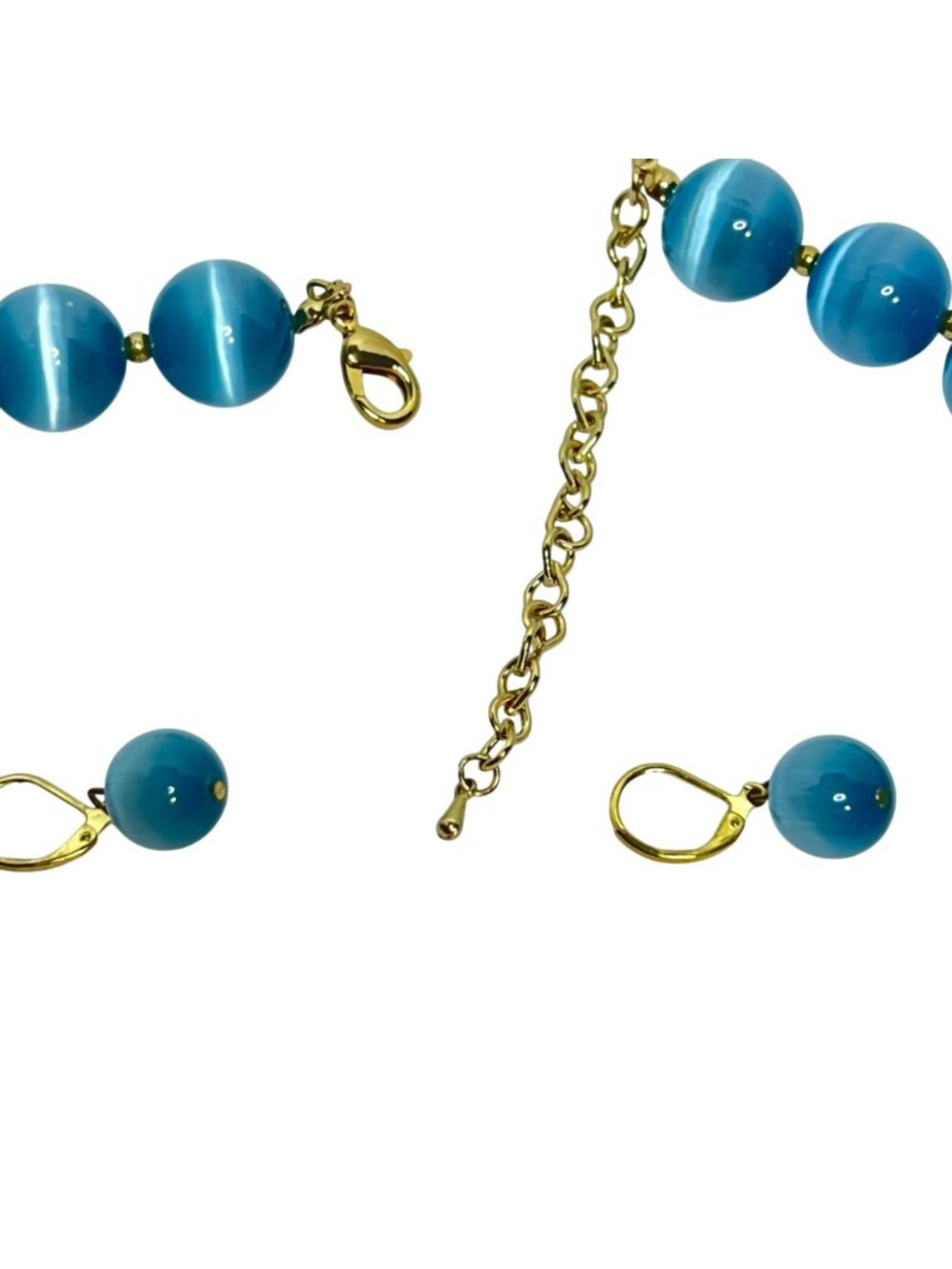 Blue Cats Eye Beaded Necklace W/ Gold Tone Accents And Pierced Earrings (6394) - Picture 11 of 13